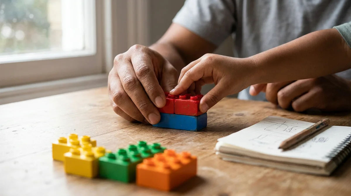 Two hands pressing colorful bricks together on a wooden table