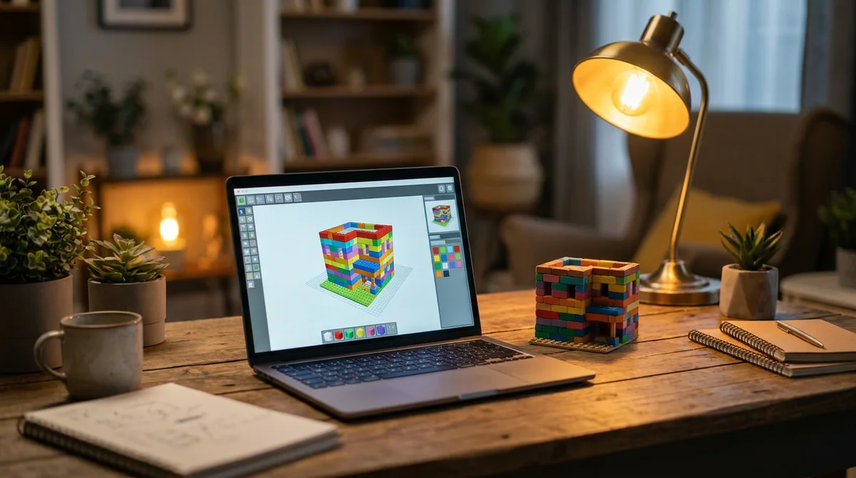 A laptop showing a blocky building scene next to a small real brick model
