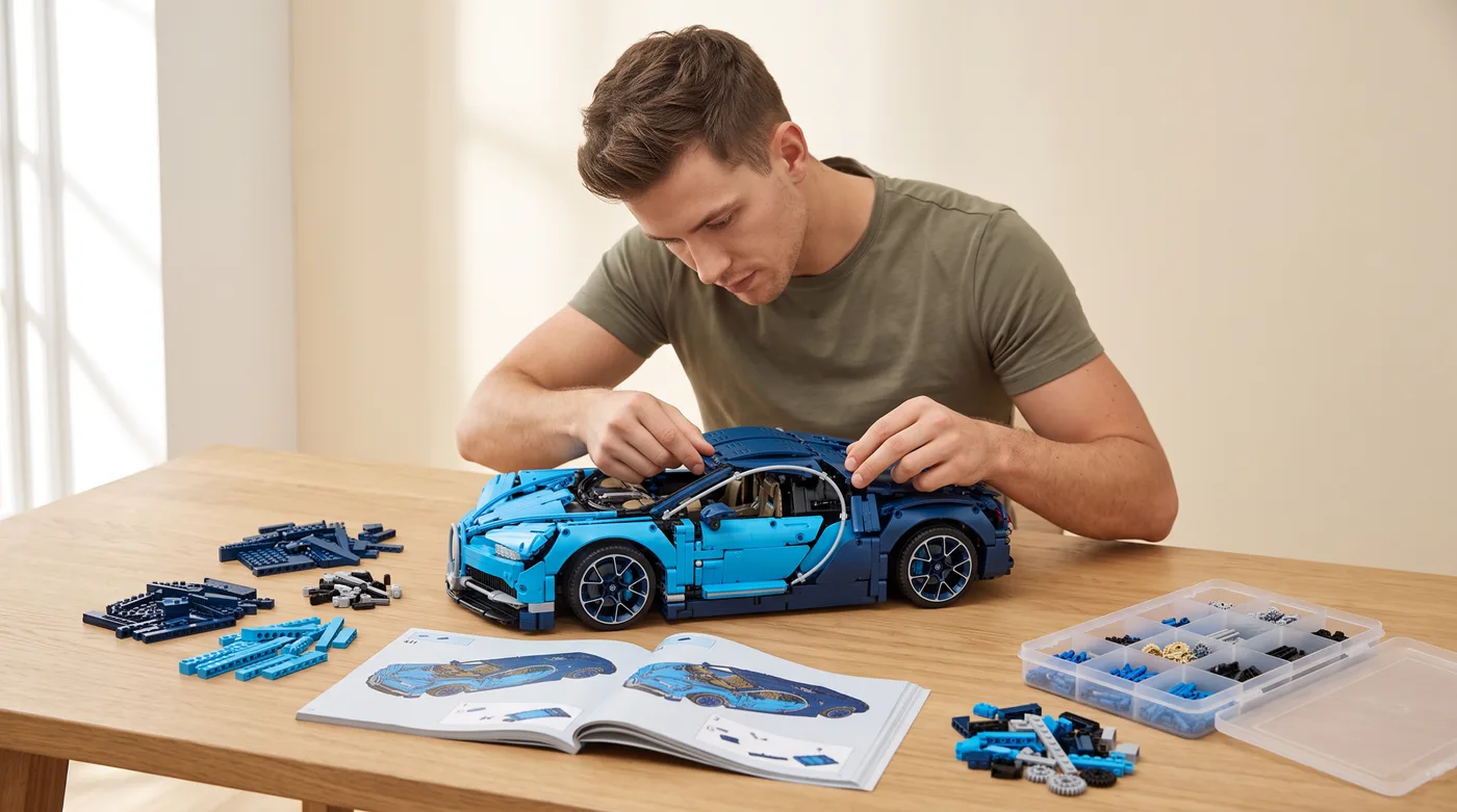 A man building a blue hypercar set at a wooden table